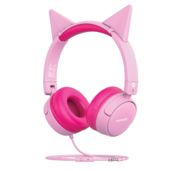 Promate Kids Headphones, HD Stereo On-Ear Wired Headset with Safe Volume Limited 85dB to 95dB, Detachable Cat Ears, AUX Share-Port, Foldable Headband and Built-In Mic for iPhone 13, Jewel